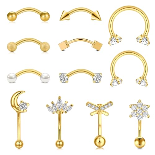 AVYRING 16g Rook Piercing Jewelry Gold Silver Eyebrow Rings Curved Barbell Daith Earrings for Women Horseshoe Septum Hoop Helix Earrings Surgical Steel Belly Button Rings Vertical Labret Lip Jewelry - style: B2- 12pcs- gold