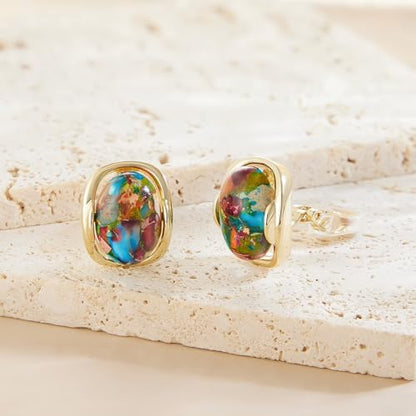 YOQUCOL Natural Stone Trendy Clip On Stud Earrings for Women Gold Plated Non Pierced Statement Earrings Fashion Jewelry - color: Oval-Colorful