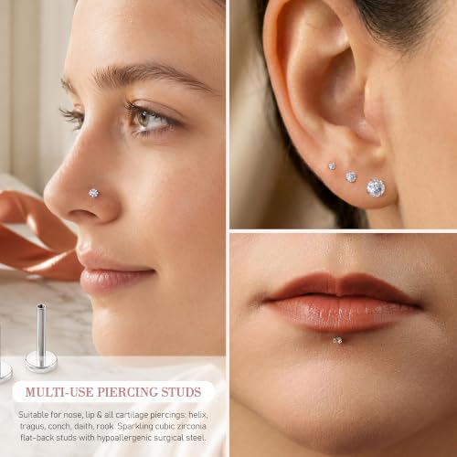 Hypoallergenic Nose Studs Flat Back Screw Ear Studs 18K Gold Plated 316 Stainless Steel, CZ Studs for Nose, Ear, Lip, Vertical Labret Piercing Jewelry, 2-5mm CZ 6-8mm Post with 1 Taper,4 Silicone Pads - color: Silver, size: 2mm