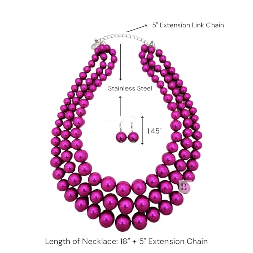 Simulated Pearl Necklace & Earring Set, Multi Strand - color: Fuchsia