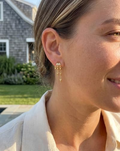 Gold Earrings for Women Trendy 14K Gold Plated Dangle Earrings Small Hoop Huggie Drop Stud Earrings Cubic Zirconia Simple Minimalist Dainty Chain Tassel Hypoallergenic Earrings - color: Simple & Gold