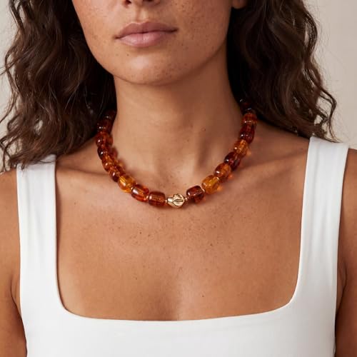 Beaded Necklaces for Women Boho Chunky Necklace Statement Big Resin Bead Choker Fashion Summer Beach Jewelry - color: Amber