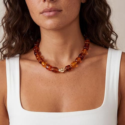 Beaded Necklaces for Women Boho Chunky Necklace Statement Big Resin Bead Choker Fashion Summer Beach Jewelry - color: Amber