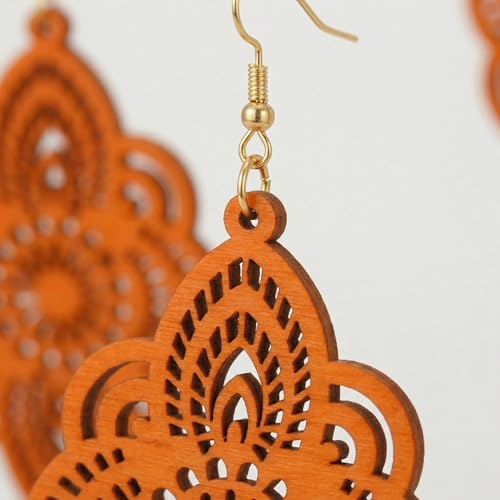 Boho Black Filigree Dangle Earrings for Women, Lightweight Hollow Lace Drop, Wood, 3.34" x 1.69", Bohemian Jewelry - color: Orange