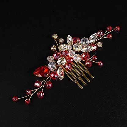 JWICOS Crystal Bride Wedding Hair Comb Rhinestone Bridal Hair Clip Glitter Wedding Hair Accessories for Women and Girls (Red) - color: Red