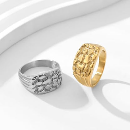 Gold Plated Nugget Ring for Men & Women – Stainless Steel Chunky Hip Hop Rings - Hypoallergenic Unisex Jewelry – US Size 5-13 – Gift Box Included - color: Gold