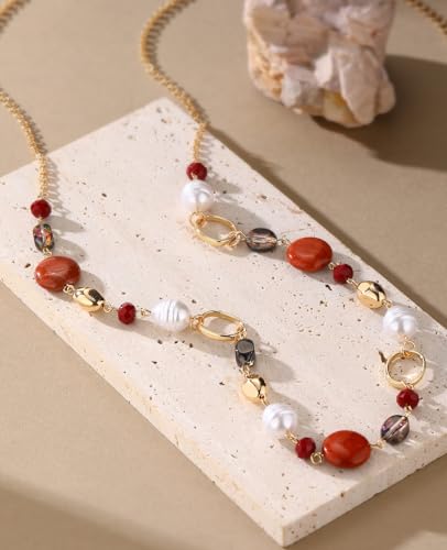Long Gold Necklaces for Women Trendy Beaded Chain Necklace Chunky Costume Jewelry Gifts for Her - color: Red Agate