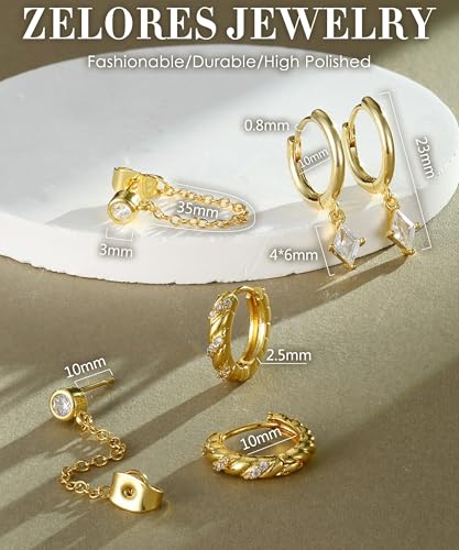 3 Pairs Dangle Hoop Chain Earrings Stacks for Women Trendy Huggie Earring | Non-Tarnish 5A CZ Stones Hoops Earrings Set for Multiple Piercing - style: 14K Gold Plated-Square Dangle