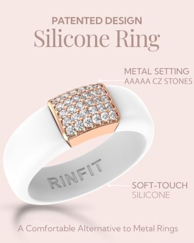 Rinfit Silicone Ring with Metal Plate & CZ for Women | AAAAA Grade Cubic Zirconia Stones, Flexible Rubber Wedding Band, Comfortable Fit, Engagement Ring for Her, Patented Design - color: Pack E: White and Rose Gold