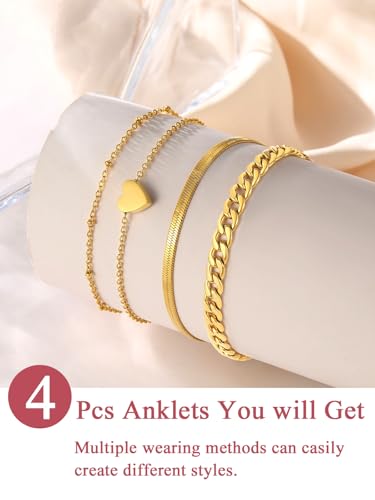 FOCALOOK Anklet Bracelets Set for Women, 14K Gold Plated Layered Anklet Set | Adjustable for Large Ankle, Cuban/Snake/Figaro/Paperclip Chain, Waterproof & Non Tarnish for Everyday Wear, Beach & Summer - color: B:3Pcs-Anklet Set-Gold