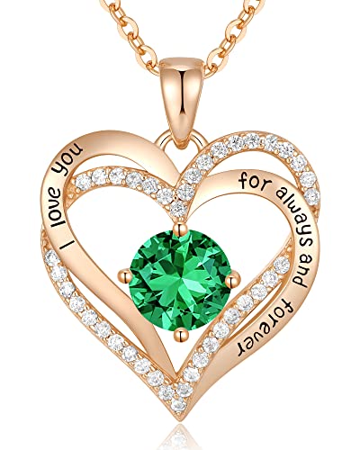 CDE Engraved Forever Love Heart Birthstone Necklace Jewelry Gifts for Women | Hypoallergenic,Nickel-Free & Lead-Free,3 x 3 mm 5A CZ Heart Pendant,Anniversary Christmas Birthday Gift for Girlfriend Wife - color: 05-May-Sterling Silver, style: Rose Gold Pla