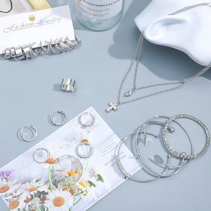 NEWITIN 61 Pieces Gold Jewelry Set for Women Fashion Costume Watch Jewelry | Bohemian Jewelry, Cubic Zirconia, Gold Plated Necklaces Bracelets Watch Rings Earrings Set for Women Party Daily, Women Gifts - color: Silver