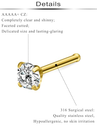 8Pcs Nose Rings Studs 14K Gold Filled Surgical Steel L-Shape Nose Rings for Women 1.5/2mm/2.5mm/3mm Cubic Zirconia Nostril Screw Studs Hypoallergenic Nostril Piercings 20g 18g - color: 8pcs,18g,mix color,straight