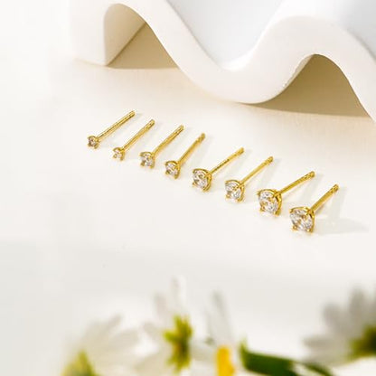 Gold Stud Earring Set for Women Men, Round CZ Earrings Hypoallergenic | 925 Silver Post , 4 Holes Small Studs Earrings Multiple Piercing Cartilage Tragus Trendy Post Cute Earrings Stacks Jewelry - color: 14k gold