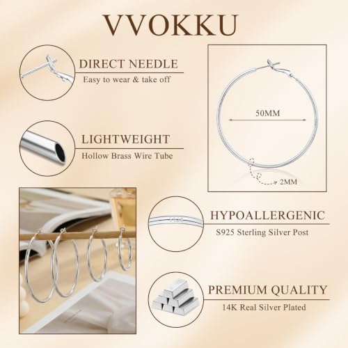2MM S925 Sterling Silver Hoop Earrings Thin Gold Large Hoop Earring Lightweight Hypoallergenic Big Silver Thin Hoops Earring Gold Hoops Earrings for Women 30/40/50/60 MM - color: 50mm-Silver