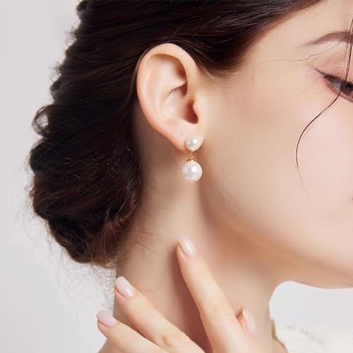 Double Pearl Drop Earrings for Women 925 Sterling Silver | 18k Gold Plated Big Large Pearl Dangle Earrings Pearl Dangling Stud Earring Bridal Wedding Jewelry Birthday Gifts for Mom - color: Gold