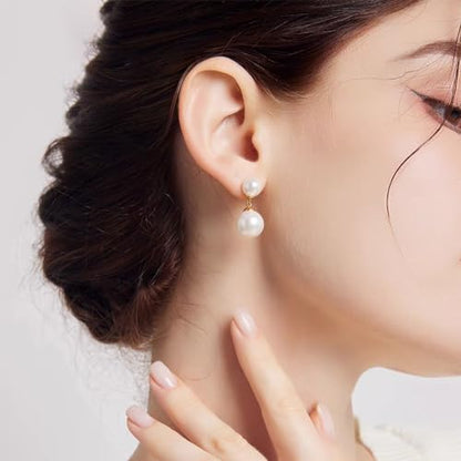 Double Pearl Drop Earrings for Women 925 Sterling Silver | 18k Gold Plated Big Large Pearl Dangle Earrings Pearl Dangling Stud Earring Bridal Wedding Jewelry Birthday Gifts for Mom - color: Gold