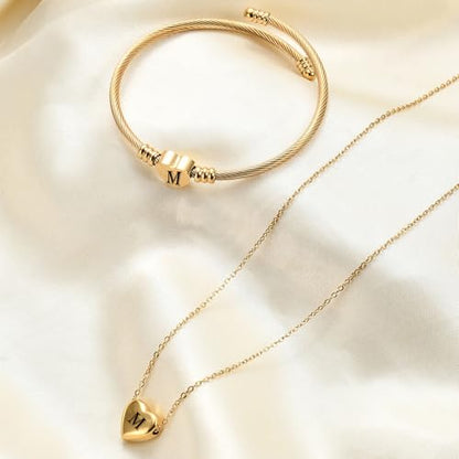 MYNENEY Necklace and Bracelet for Women Stainless Steel Initial Jewelry Set - color: Gold-M