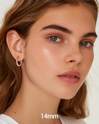 PROSTEEL Huggie Hoop Earrings For Women with 925 Sterling Silver Post | 8/10/12/14/16/18/20mm,14K Gold Plated/Black/Rose Gold/Silver Brass Lightweight Cubic Zirconia Cartilage Piercing Earring - color: 1. Rose Gold, size: 14mm