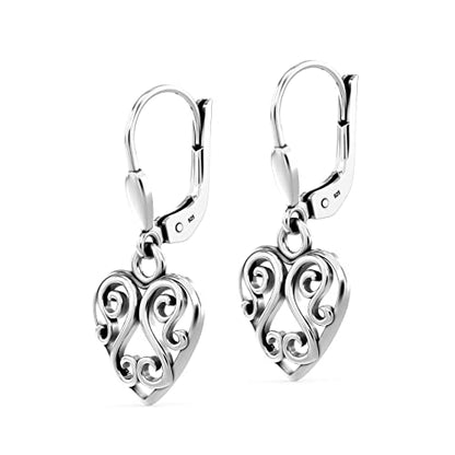 LeCalla 925 Sterling Silver Leverback Drop Earrings | Lightweight Italian Teardrop Dangle Earring for Women - color: Heart-Filigree AT