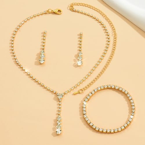 MIFYNN Rhinestone Wedding Set for Women Sparkle Crystal Earrings Necklace Bracelet Jewelry Set Wedding Party Prom Jewelry Set for Brides Bridesmaid - color: Gold