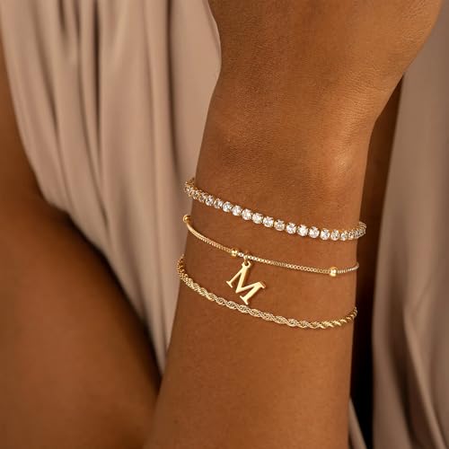 Gold Bracelets for Women Girls - Dainty Gold/Silver Bracelet Stack Jewelry Set Personalized Initial Bracelets Cute Stackable Rope Box Chain Tennis Bracelets Gifts for Women Teen Girl Gifts - color: A'-Gold