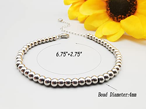 Dainty Bracelets for Women Paperclip Chain Bangles Handmade Tiny Cute Oval and Round Beaded Bracelet 316L Stainless Steel Jewelry Gift for Best Friend - style: Beads 4mm Silver