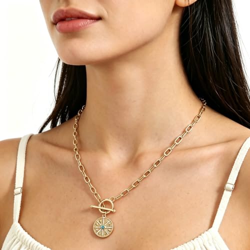 DoreenBeads 18K Gold Sun Moon Star Compass Pendant Necklace | Chunky Toggle Paperclip Chain Necklace with Heart Daisy Bee Charms for Women Girls 20 Inches - color: Lucky Symbols