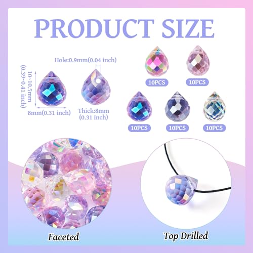 50Pcs Faceted Glass Teardrop Beads Electroplated Crystal Glass Beads 10x8mm 5 Colors for DIY Jewelry Making Necklace Bracelet Earring - color: Pink Purple