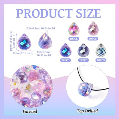 50Pcs Faceted Glass Teardrop Beads Electroplated Crystal Glass Beads 10x8mm 5 Colors for DIY Jewelry Making Necklace Bracelet Earring - color: Pink Purple