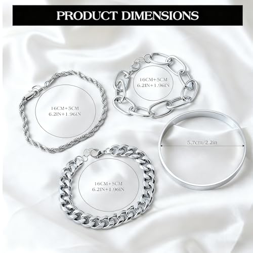 Gold Bracelets for Women, 5 Pcs Non-Tarnish Gold Plated Stackable Bangles with Beaded, Knot, Twisted, Cuff & Chain Designs, Everyday Jewelry Gifts - color: Silver-4pcs
