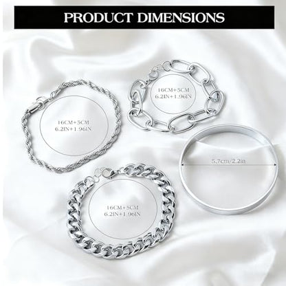 Gold Bracelets for Women, 5 Pcs Non-Tarnish Gold Plated Stackable Bangles with Beaded, Knot, Twisted, Cuff & Chain Designs, Everyday Jewelry Gifts - color: Silver-4pcs