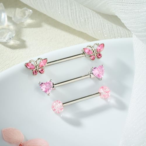 AceFun 5 Pairs 14G Nipple Rings Stainless Steel Heart Butterfly Bow Opal Flower CZ Stud Barbell Set Cute Nipplerings Shields Piercing Jewelry for Women Pink Blue Red Tone Body Jewelry - color: Pink