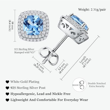 Dainty Birthstone Earrings for Women Sterling Silver Small Stud Earrings with Halo Cushion/Round Created Gemstone Earrings Birthstone Jewelry - style: A 12. Dec./created blue topaz-cushion cut