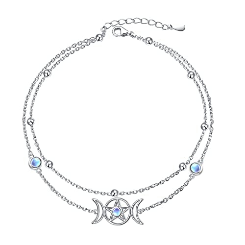 Ladytree S925 Sterling Silver Boho Beach Double Layer Anklets Bracelet for Women Adjustable 9 to 11 inches