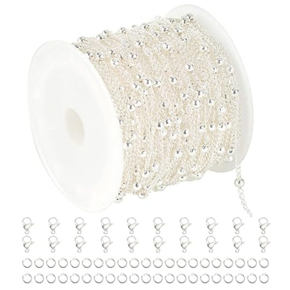 UMAOKANG 32.8 Feet Silver Plated Brass Chain for Jewelry Making Twist Curb Bead Necklace Chains Bulk with Jump Rings and Lobster Clasps - color: Silver Twist Crub Bead