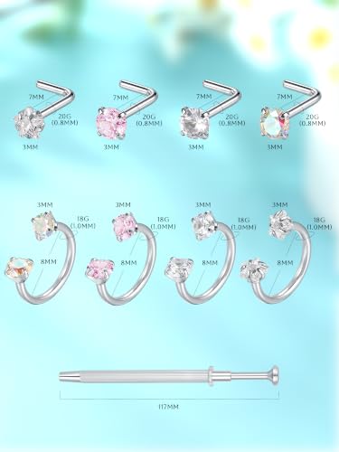 Aumeo Horseshoe 18G Nose Rings 8mm for Women, Surgical Steel 20G L Shaped Nose Rings Studs 7mm, Internally Threaded Tragus Cartilage Helix Earrings, Silver/Gold - style: Silver, 4pcs horseshoe nose rings