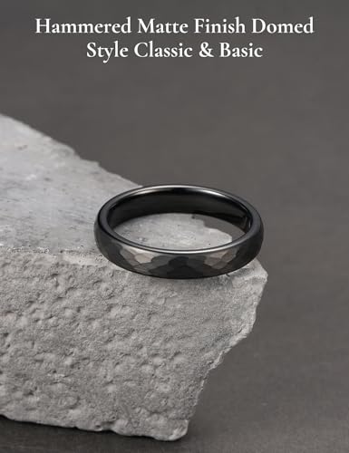 King Will Men's Tungsten Carbide Wedding Ring Hammered Groove Wedding Band Mens Two Tone Engagement Ring for Men and Women Matte Brushed Finish Comfort Fit - color: 4mm Black