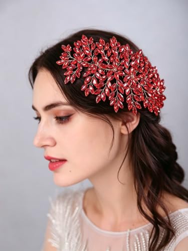 Bridal Rhinestone Hair Comb Large Rhienstone Wedding Headpiece Handmade Crystal Hair Comb for Bride Wedding Hair Accessories for Women (red) - color: red