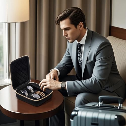 ProCase 4-Slot Travel Watch Case for Men, Hard Shell Storage Box -Black | Travel Watch Box for Watch Bracelet Sunglasses Accessories, Zippered Organizer Bag Fathers Day Gift for Dad - size: 4 Slots