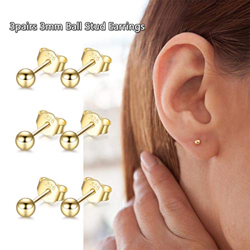 EPIRORA Sterling Silver Stud Earrings for Women Men- 3 Pairs 3mm Tiny Ball Stud Earrings Round CZ Earrings Pearl Earrings Set Cartilage Small Tragus Earrings - style: 3 Pairs-Round Ball Earrings(Gold)