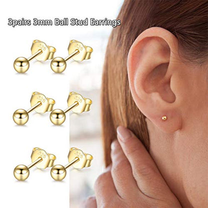 EPIRORA Sterling Silver Stud Earrings for Women Men- 3 Pairs 3mm Tiny Ball Stud Earrings Round CZ Earrings Pearl Earrings Set Cartilage Small Tragus Earrings - style: 3 Pairs-Round Ball Earrings(Gold)