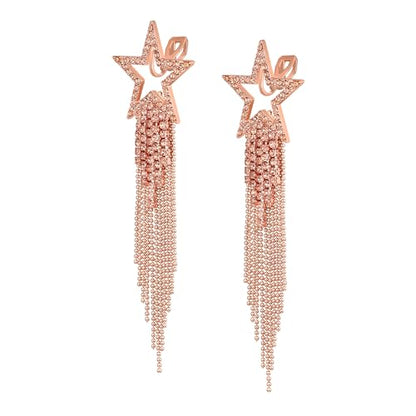 EVER FAITH Crystal Long Waterfall Star Tassel Clip-on Earrings for Women | Rhinestone Beaded Fringe Chandelier Dangle Statement Earring, Wedding Party Jewelry - color: Peach Rose Gold-Tone