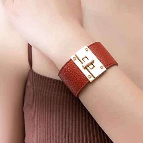 Rantanto Leather Wrap Bracelets For Women Gold Twist Lock Buckle Wrist Cuff | PU leather,Skin-friendly,Boho Stackable Wristband,Fashion Daily Jewelry,Trend Casual Party Bangle,Fit For Birthday, Holiday - color: Wide Brown