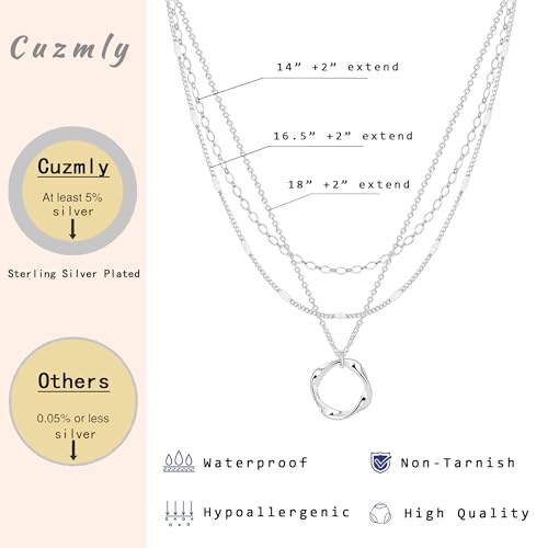 Cuzmly Layered Silver Necklaces for Women, Sterling Silver Stackable Stack Choker Necklaces for Women Trendy Layering Circle Pendant Chain Necklace Set Jewelry for Women - style: Circle