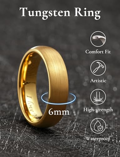 King Will Wedding Band for Men Women, 2/4/6/7/8mm Domed Matte Brushed Tungsten Carbide Rings, Solid/Dual Color Engagement Rings, Comfort Fit - color: I Love U-Gold-6mm