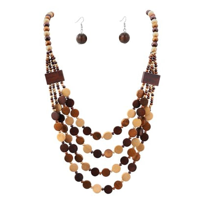 Wood Beads Necklace & Earrings for Women Chunky Multi-Layering Choker Necklace Ear Pendant - color: B