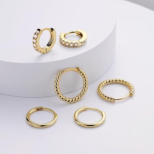 micuco 3 Pairs Small Gold Hoop Huggie Earrings Set for Women Men Tendy | 14K Gold Plated Small Huggie Hoop Earrings for Men, Tiny Cartilage Hypoallergenic Earring Set - style: C# CZ Gold 8-10-12mm