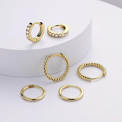micuco 3 Pairs Small Gold Hoop Huggie Earrings Set for Women Men Tendy | 14K Gold Plated Small Huggie Hoop Earrings for Men, Tiny Cartilage Hypoallergenic Earring Set - style: C# CZ Gold 8-10-12mm