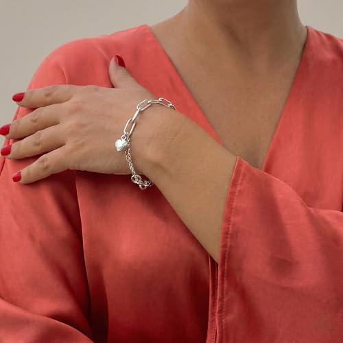 925 Sterling Silver 6mm Paperclip Bracelet for Women with Heart Charm - Mixed Link Chain Design, Lobster Clasp, Size 7" 8" 9", Gift Box - size: Large - 9 Inches